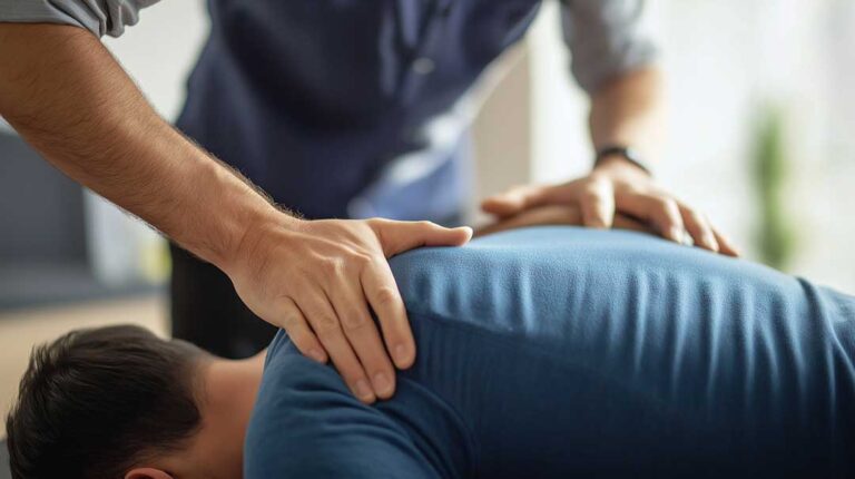 A chiropractor gently adjusts a patient's neck while soft light filters into a comfortable treatment room.